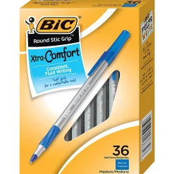 BIC® Round Stic Grip Ballpoint Pens, Medium Point, 1.2 mm, Blue Ink, Pack Of 36 Pens