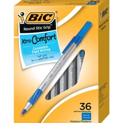 BIC® Round Stic Grip Ballpoint Pens, Medium Point, 1.2 mm, Blue Ink, Pack Of 36 Pens