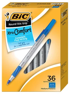 BIC® Round Stic Grip Ballpoint Pens, Medium Point, 1.2 mm, Blue Ink, Pack Of 36 Pens