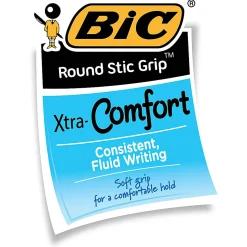 BIC® Round Stic Grip™ Xtra-Comfort Ballpoint Pens, Fine Point, 0.8 mm, Gray Barrel, Blue Ink, Pack Of 12
