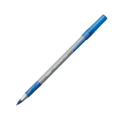 BIC Round Stic Grip Xtra Comfort Ballpoint Pens, Medium Point, 1.2 mm, Gray Barrel, Blue Ink, Pack Of 12 Pens