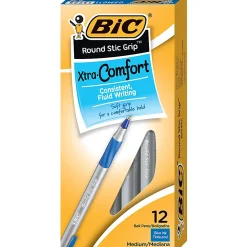 BIC Round Stic Grip Xtra Comfort Ballpoint Pens, Medium Point, 1.2 mm, Gray Barrel, Blue Ink, Pack Of 12 Pens