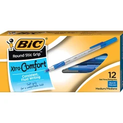 BIC Round Stic Grip Xtra Comfort Ballpoint Pens, Medium Point, 1.2 mm, Gray Barrel, Blue Ink, Pack Of 12 Pens