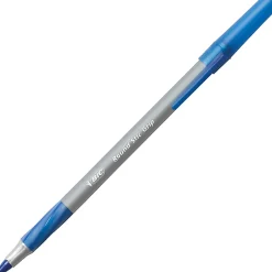 BIC Round Stic Grip Xtra Comfort Ballpoint Pens, Medium Point, 1.2 mm, Gray Barrel, Blue Ink, Pack Of 12 Pens