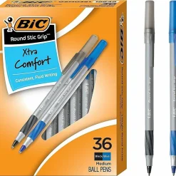 BIC® Round Stic® Grip Xtra-Comfort Ballpoint Pens, Medium Point, 1.2 mm, Assorted Barrels, Assorted Ink Colors, Box Of 36