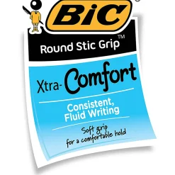 BIC Round Stic Grip Xtra Comfort Ballpoint Pens, Medium Point, 1.2 mm, Gray Barrel, Red Ink, Pack Of 12 Pens
