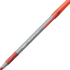 BIC Round Stic Grip Xtra Comfort Ballpoint Pens, Medium Point, 1.2 mm, Gray Barrel, Red Ink, Pack Of 12 Pens