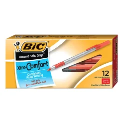 BIC Round Stic Grip Xtra Comfort Ballpoint Pens, Medium Point, 1.2 mm, Gray Barrel, Red Ink, Pack Of 12 Pens