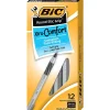 BIC Round Stic Grip Xtra Comfort Ballpoint Pens, Medium Point, 1.2 mm, Gray Barrel, Black Ink, Pack Of 12 Pens