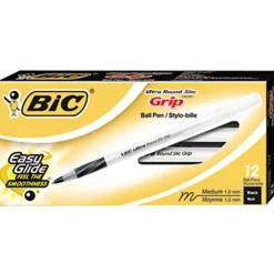 BIC Round Stic Grip Xtra Comfort Ballpoint Pens, Medium Point, 1.2 mm, Gray Barrel, Black Ink, Pack Of 12 Pens