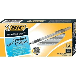 BIC Round Stic Grip Xtra Comfort Ballpoint Pens, Medium Point, 1.2 mm, Gray Barrel, Black Ink, Pack Of 12 Pens
