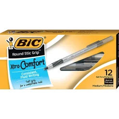BIC Round Stic Grip Xtra Comfort Ballpoint Pens, Medium Point, 1.2 mm, Gray Barrel, Black Ink, Pack Of 12 Pens