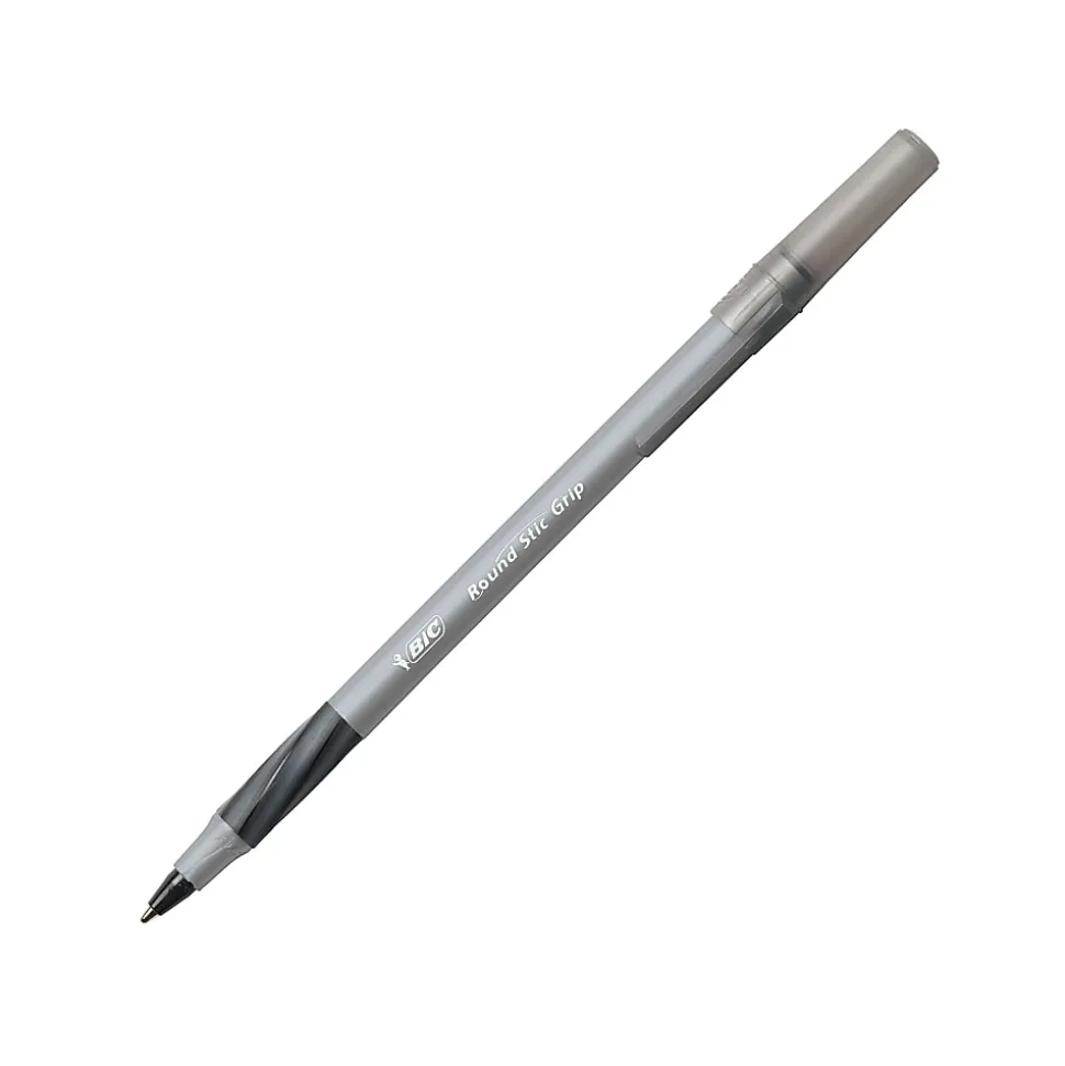 BIC® Round Stic Grip™ Xtra-Comfort Ballpoint Pens, Fine Point, 0.8 mm, Gray Barrel, Black Ink, Pack Of 12