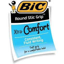 BIC® Round Stic Grip™ Xtra-Comfort Ballpoint Pens, Fine Point, 0.8 mm, Gray Barrel, Black Ink, Pack Of 12