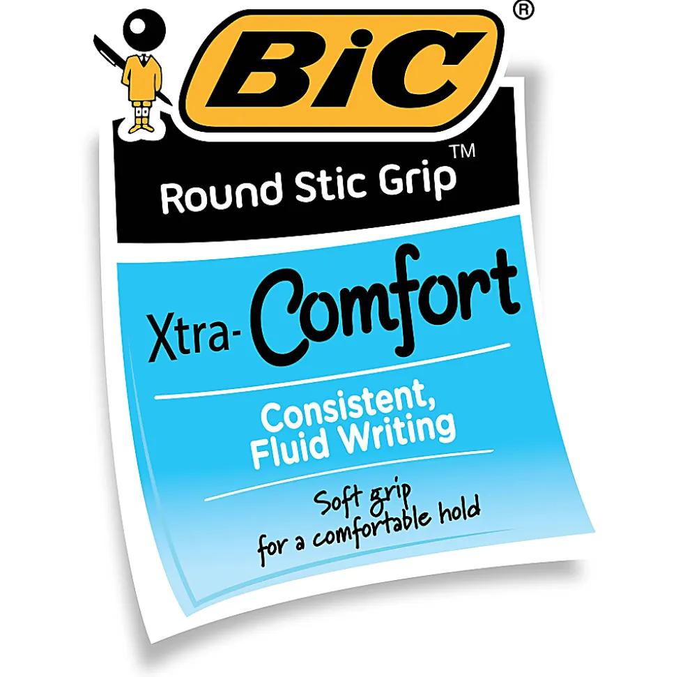 BIC® Round Stic Grip™ Xtra-Comfort Ballpoint Pens, Fine Point, 0.8 mm, Gray Barrel, Black Ink, Pack Of 12