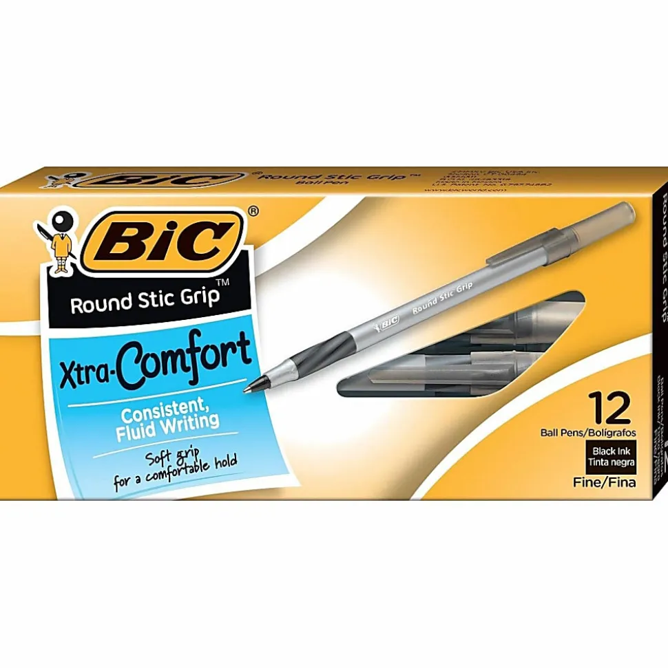 BIC® Round Stic Grip™ Xtra-Comfort Ballpoint Pens, Fine Point, 0.8 mm, Gray Barrel, Black Ink, Pack Of 12