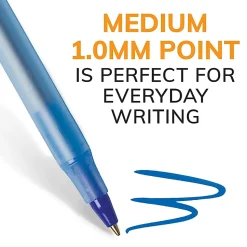 BIC Round Stic Xtra Life Ballpoint Pens, Medium Point, 1.0mm, Translucent Blue Barrel, Blue Ink, Pack Of 10