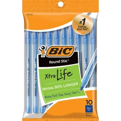 BIC Round Stic Xtra Life Ballpoint Pens, Medium Point, 1.0mm, Translucent Blue Barrel, Blue Ink, Pack Of 10