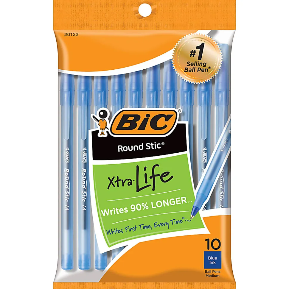 BIC Round Stic Xtra Life Ballpoint Pens, Medium Point, 1.0mm, Translucent Blue Barrel, Blue Ink, Pack Of 10
