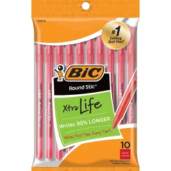 BIC Round Stic Xtra Life Ballpoint Pens, Medium Point, 1.0 mm, Translucent Red Barrels, Red Ink, Pack Of 10 Pens