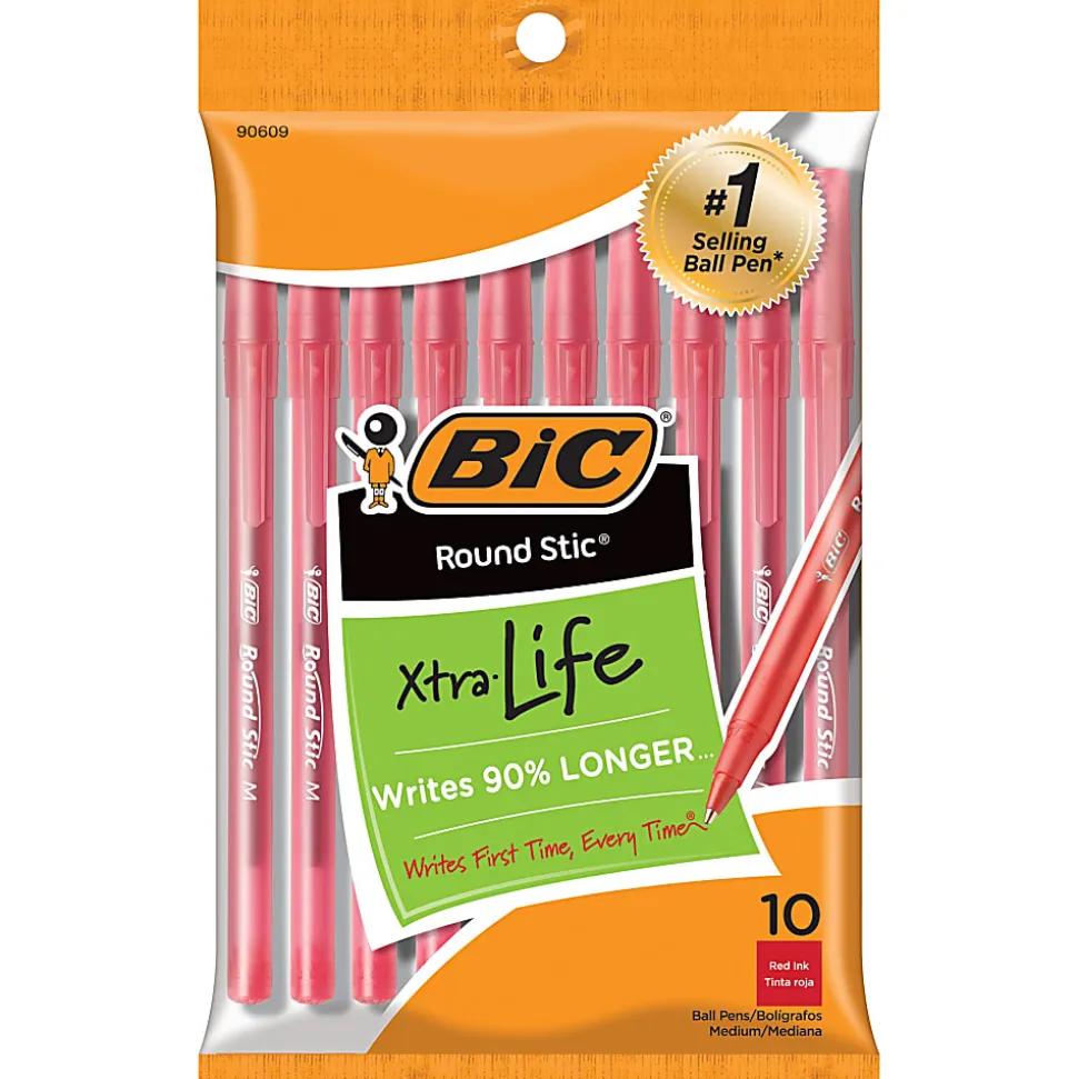 BIC Round Stic Xtra Life Ballpoint Pens, Medium Point, 1.0 mm, Translucent Red Barrels, Red Ink, Pack Of 10 Pens