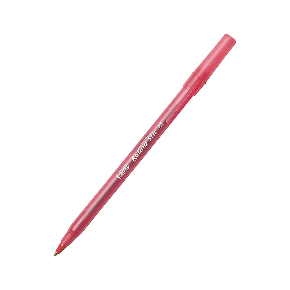BIC Round Stic Xtra Life Ballpoint Pens, Medium Point, 1.0 mm, Translucent Red Barrels, Red Ink, Pack Of 10 Pens