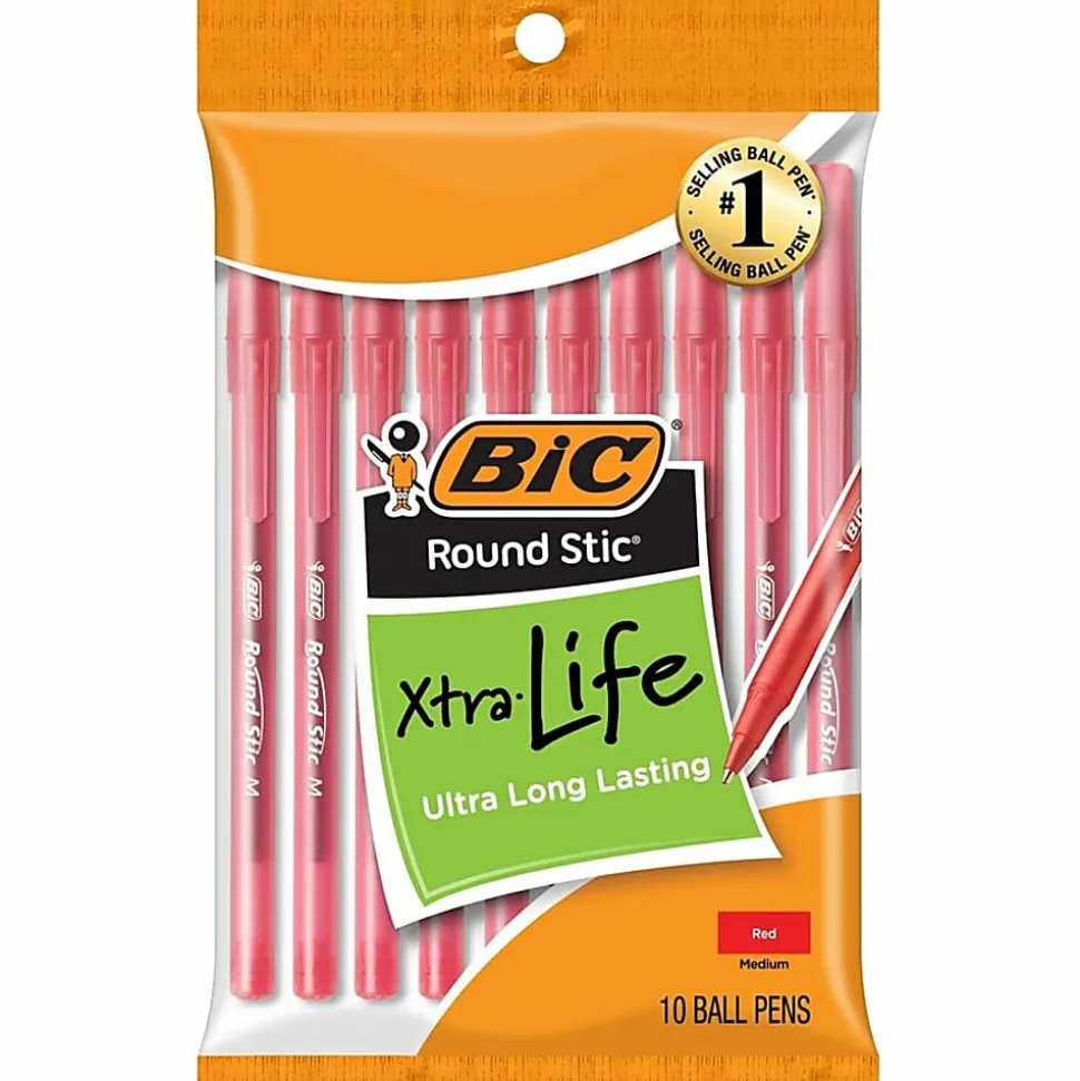 BIC Round Stic Xtra Life Ballpoint Pens, Medium Point, 1.0 mm, Translucent Red Barrels, Red Ink, Pack Of 10 Pens