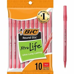 BIC Round Stic Xtra Life Ballpoint Pens, Medium Point, 1.0 mm, Translucent Red Barrels, Red Ink, Pack Of 10 Pens