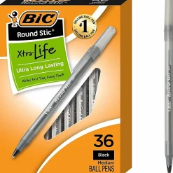 BIC Round Stic Xtra Life Ballpoint Pens, Medium Point, 1.0 mm, Translucent Barrel, Black Ink, Pack Of 36 Pens