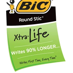 BIC Round Stic Xtra Life Ballpoint Pens, Medium Point, 1.0 mm, Translucent Barrel, Black Ink, Pack Of 36 Pens