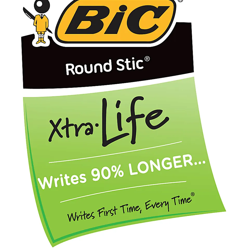 BIC Round Stic Xtra Life Ballpoint Pens, Medium Point, 1.0 mm, Translucent Barrel, Black Ink, Pack Of 36 Pens