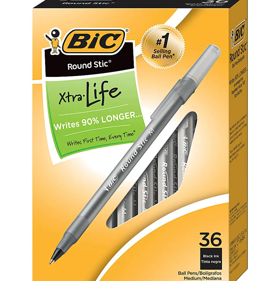 BIC Round Stic Xtra Life Ballpoint Pens, Medium Point, 1.0 mm, Translucent Barrel, Black Ink, Pack Of 36 Pens