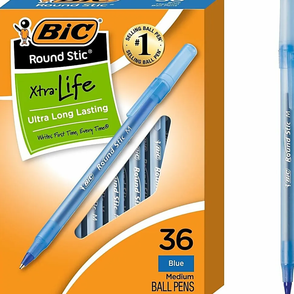 BIC Round Stic Xtra Life Ballpoint Pens, Medium Point, 1.0 mm, Translucent Barrel, Blue Ink, Pack Of 36 Pens