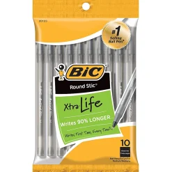 BIC Round Stic Xtra Life Ballpoint Pens, Medium Point, 1.0 mm, Translucent Black Barrels, Black Ink, Pack Of 10 Pens