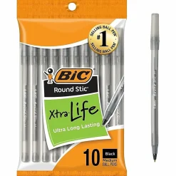 BIC Round Stic Xtra Life Ballpoint Pens, Medium Point, 1.0 mm, Translucent Black Barrels, Black Ink, Pack Of 10 Pens