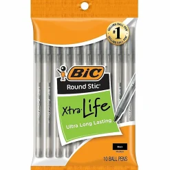BIC Round Stic Xtra Life Ballpoint Pens, Medium Point, 1.0 mm, Translucent Black Barrels, Black Ink, Pack Of 10 Pens