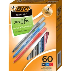 BIC Round Stic Xtra Life Ballpoint Pens, Medium Point, 1.0 mm, Assorted Colors, Pack Of 60 Pens