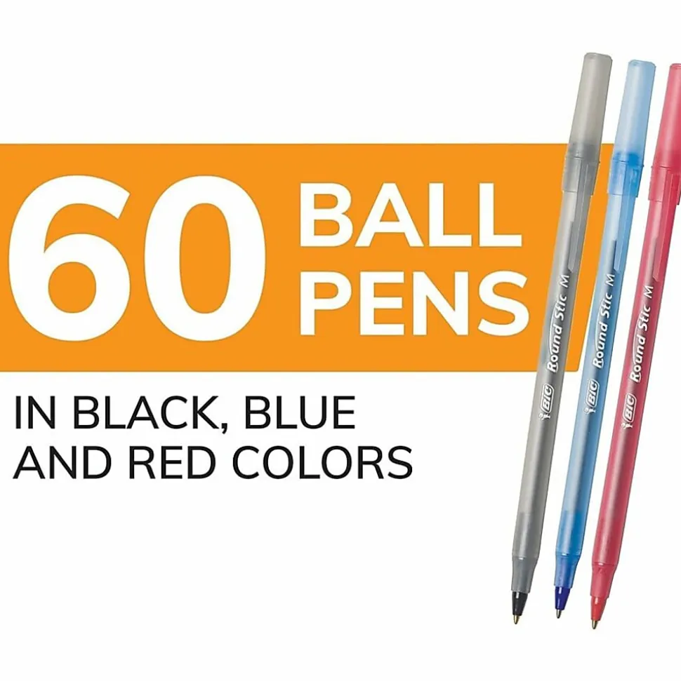 BIC Round Stic Xtra Life Ballpoint Pens, Medium Point, 1.0 mm, Assorted Colors, Pack Of 60 Pens