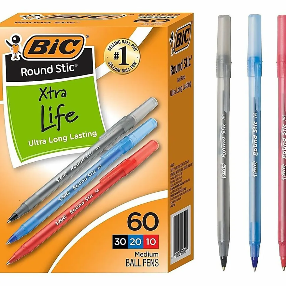 BIC Round Stic Xtra Life Ballpoint Pens, Medium Point, 1.0 mm, Assorted Colors, Pack Of 60 Pens