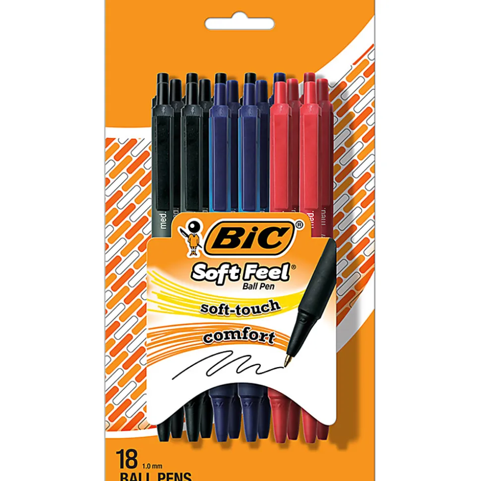 BIC Soft Feel Retractable Ball Point Pen, Medium Point, 1.0mm, Business Assorted, Assorted Barrels, Pack Of 18