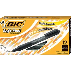 BIC Soft Feel Retractable Ballpoint Pens, Medium Point, 1.0 mm, Black Barrel, Black Ink, Pack Of 12 Pens