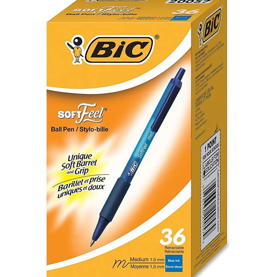 BIC SoftFeel Retractable Ball Pens - Medium Pen Point - 1 mm Pen Point Size - Retractable - Blue - Blue Barrel - 36 / Box
