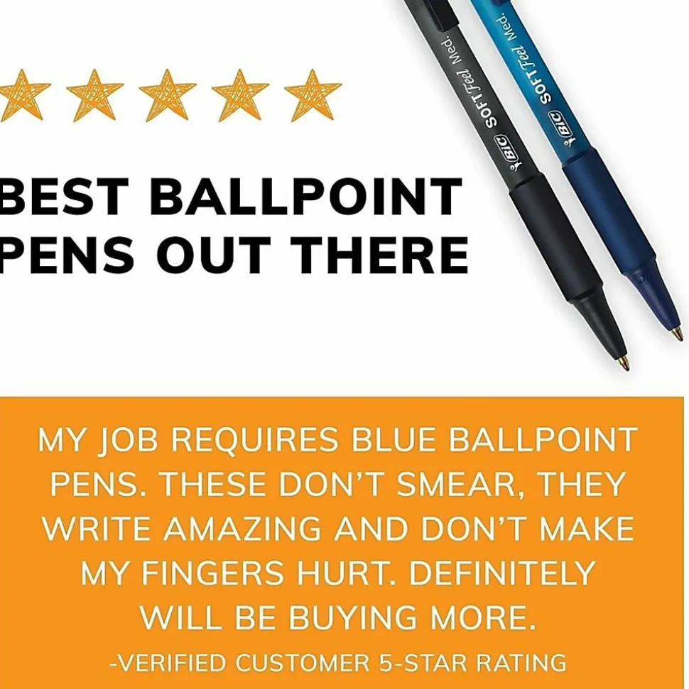 BIC Soft Feel Retractable Ballpoint Pens, Medium Point, 1.0 mm, Blue Barrel, Blue Ink, Pack Of 12