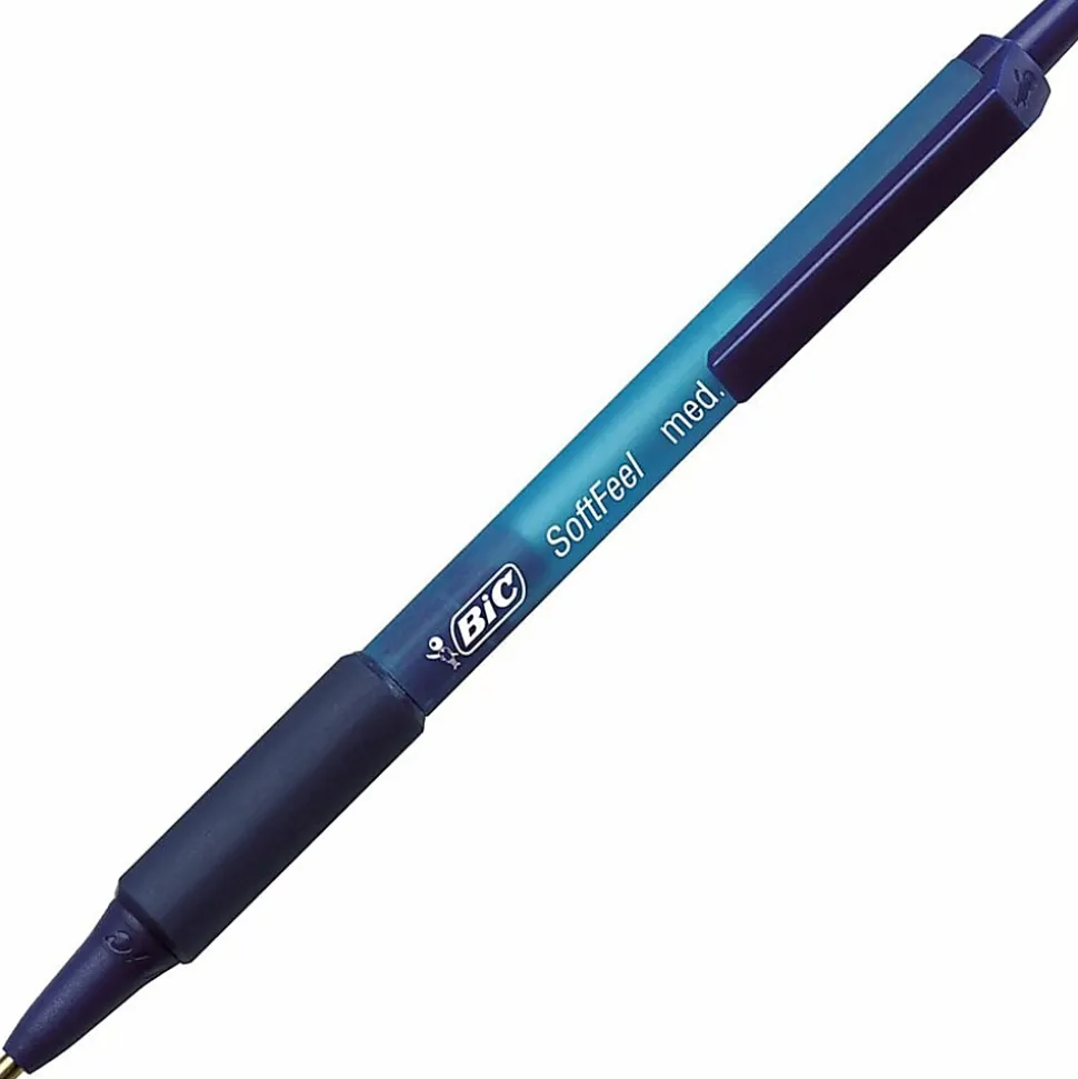 BIC Soft Feel Retractable Ballpoint Pens, Medium Point, 1.0 mm, Blue Barrel, Blue Ink, Pack Of 12