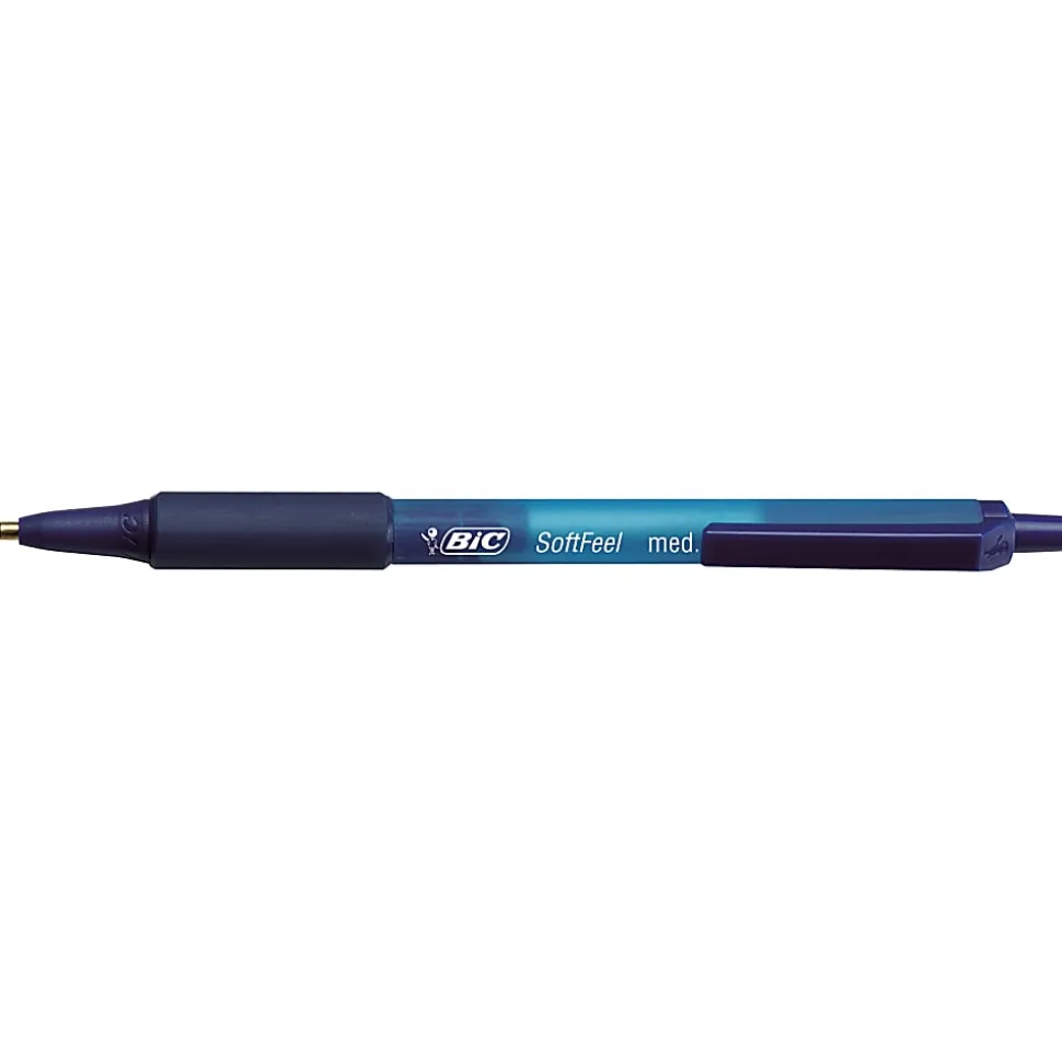 BIC Soft Feel Retractable Ballpoint Pens, Medium Point, 1.0 mm, Blue Barrel, Blue Ink, Pack Of 12