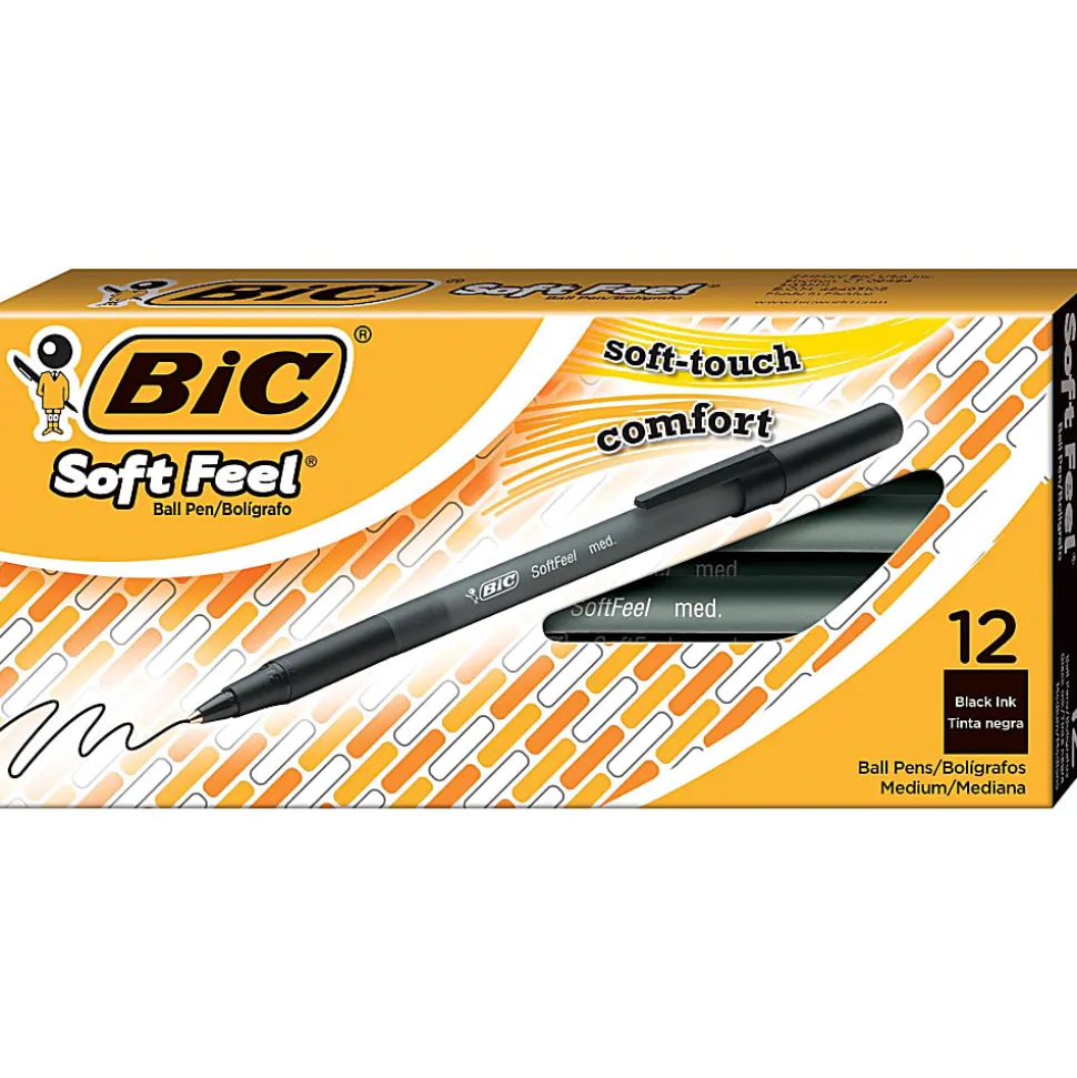 BIC® Soft Feel® Stick Pens, Medium Point, 1.0 mm, Black Barrel, Black Ink, Pack Of 12