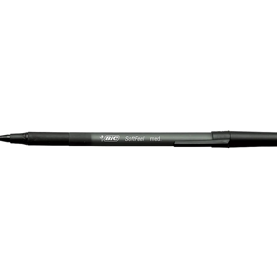 BIC® Soft Feel® Stick Pens, Medium Point, 1.0 mm, Black Barrel, Black Ink, Pack Of 12