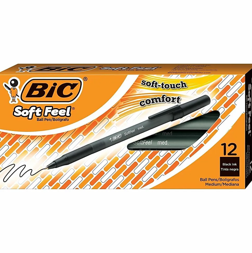 BIC® Soft Feel® Stick Pens, Medium Point, 1.0 mm, Black Barrel, Black Ink, Pack Of 12