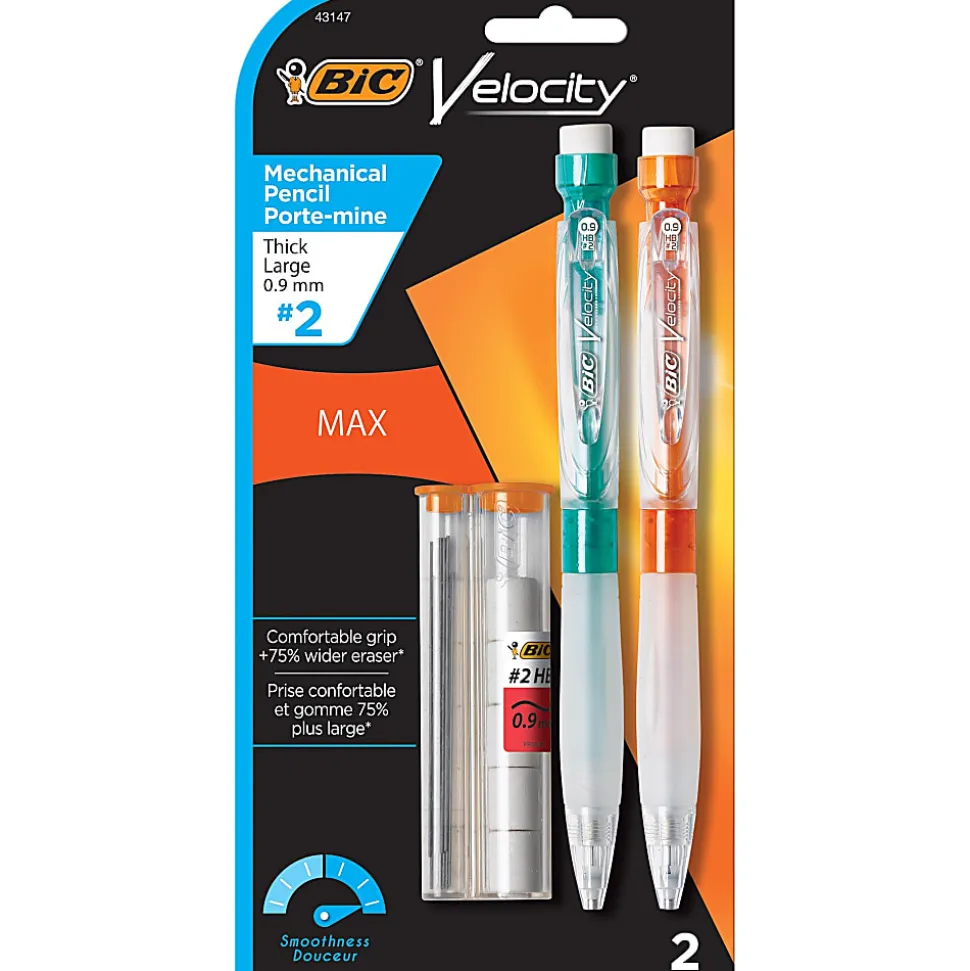 BIC® Velocity Max Mechanical Pencils, Thick Point, 0.9 mm, #2 HB Lead, Assorted Barrel Colors, Pack Of 2