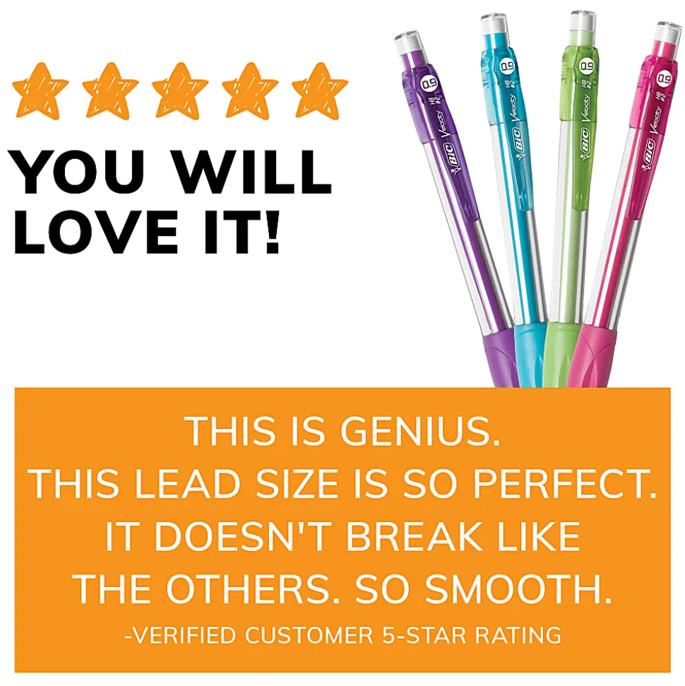 BIC® Velocity® Mechanical Pencils, 0.9mm, Assorted Barrel Colors, Pack Of 5